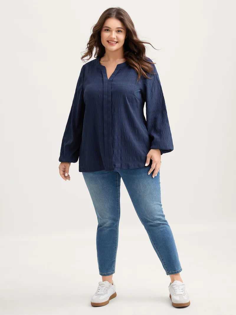 Notched Collar Textured Solid Blouse