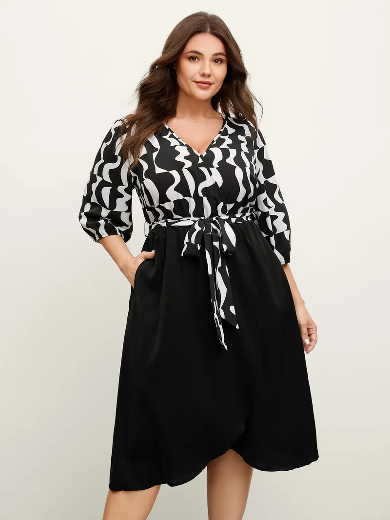Retro Wavy Print Stretchy Waist Midi Dress