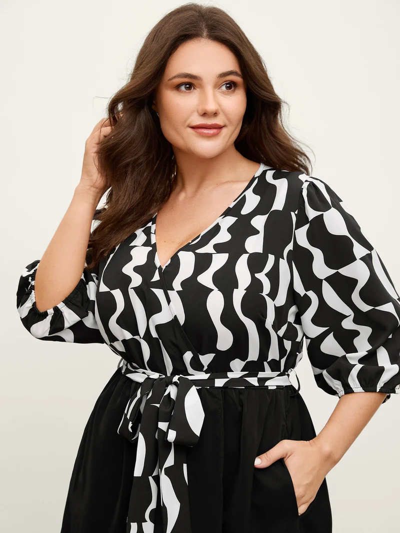 Retro Wavy Print Stretchy Waist Midi Dress