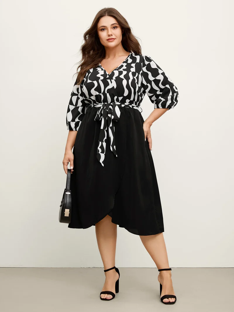 Retro Wavy Print Stretchy Waist Midi Dress