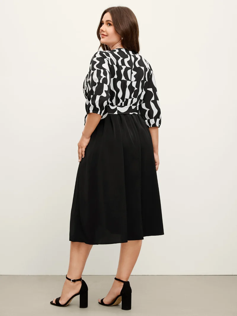 Retro Wavy Print Stretchy Waist Midi Dress