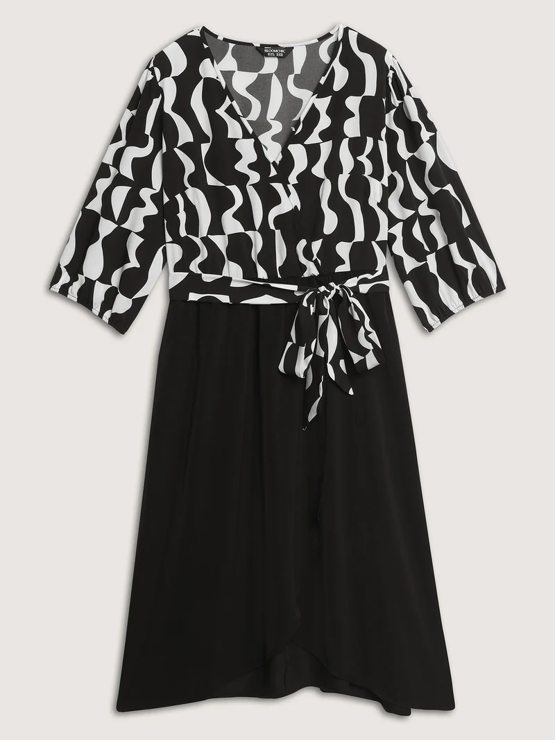 Retro Wavy Print Stretchy Waist Midi Dress