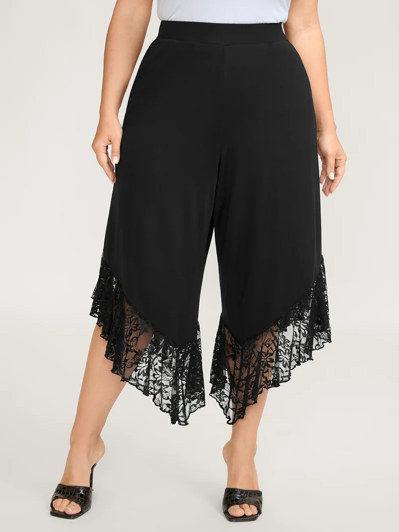 Lace Sheer Hem Wide Leg Pants