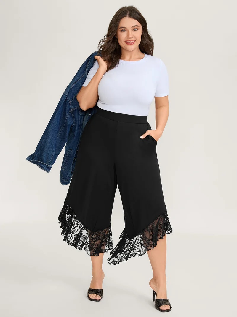 Lace Sheer Hem Wide Leg Pants