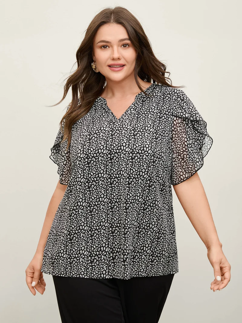 Leopard Print Petal Layered Sleeve Blouse