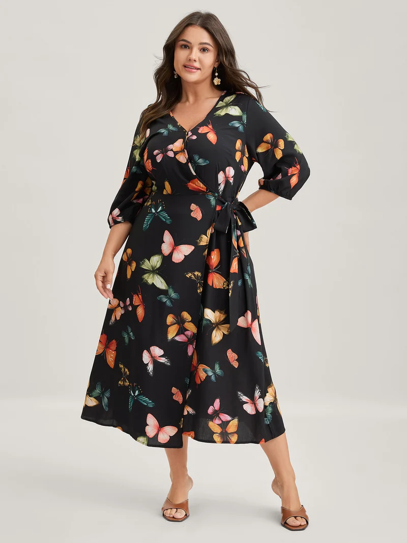 Butterfly Print Side Tie Pockets Midi Dress