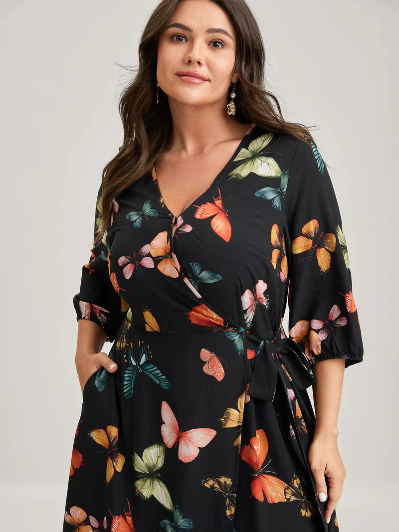 Butterfly Print Side Tie Pockets Midi Dress