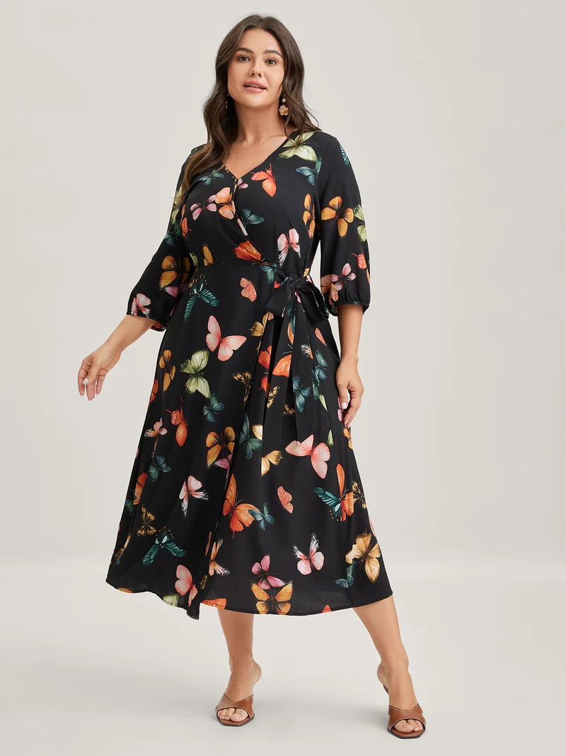 Butterfly Print Side Tie Pockets Midi Dress