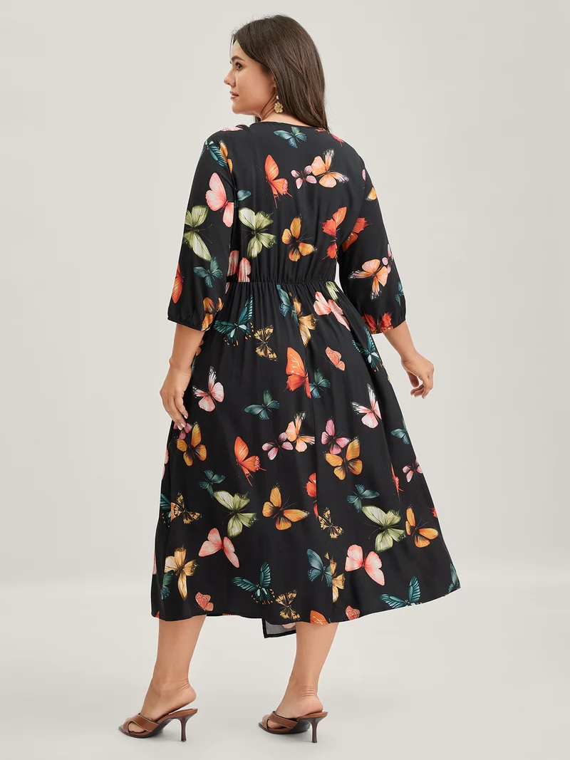 Butterfly Print Side Tie Pockets Midi Dress