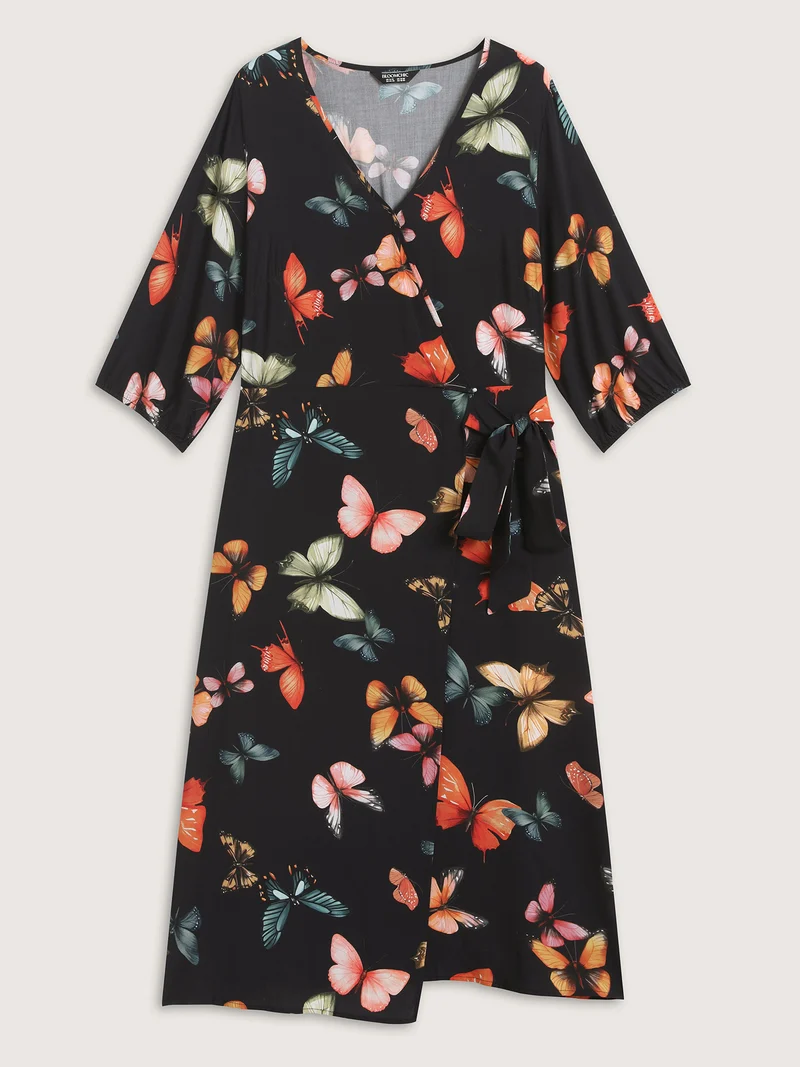 Butterfly Print Side Tie Pockets Midi Dress