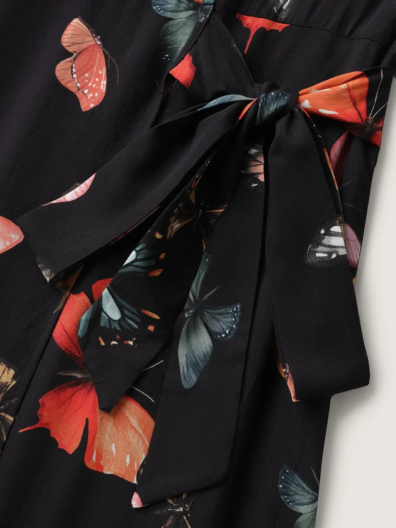 Butterfly Print Side Tie Pockets Midi Dress