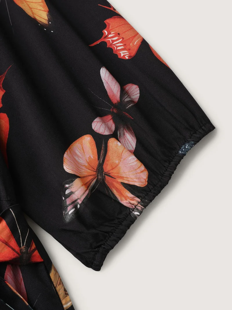 Butterfly Print Side Tie Pockets Midi Dress
