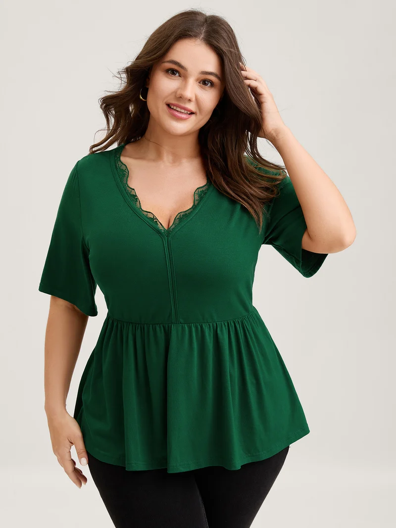 Scalloped Lace Neck Cinched Flared T-Shirt