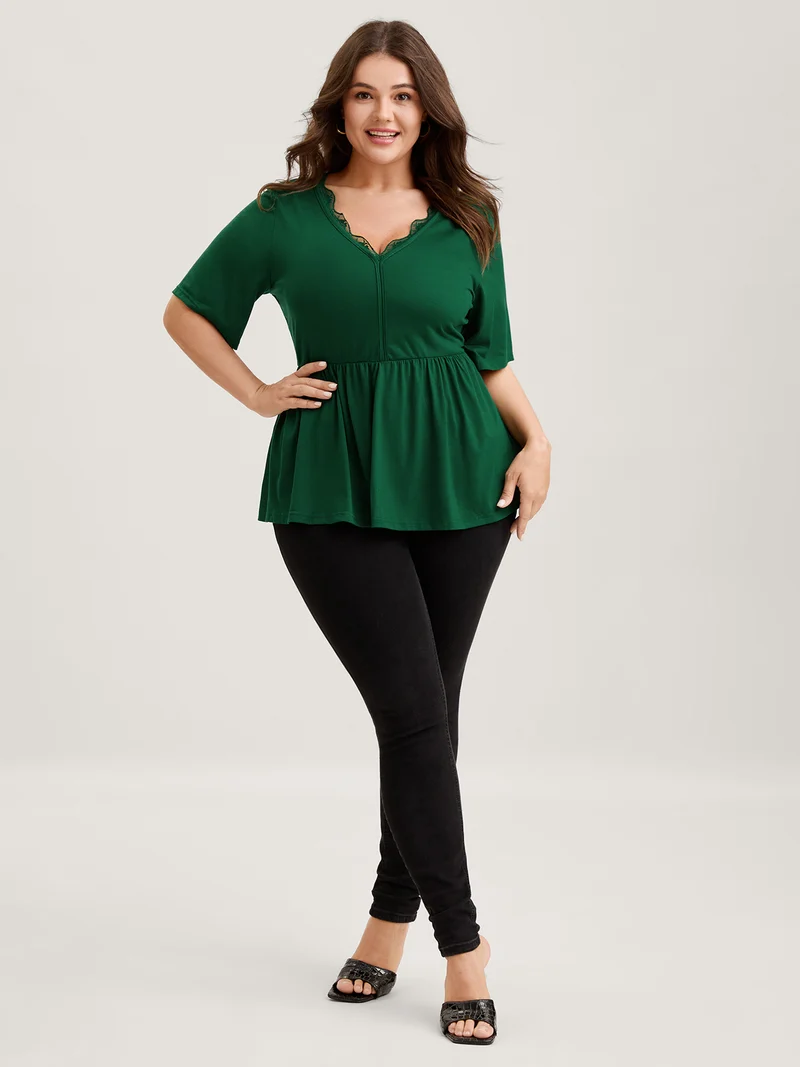 Scalloped Lace Neck Cinched Flared T-Shirt