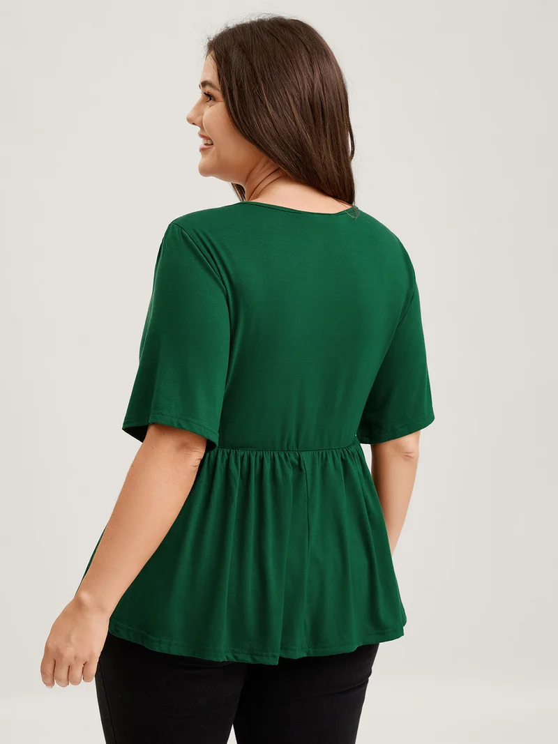 Scalloped Lace Neck Cinched Flared T-Shirt