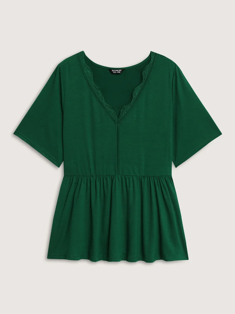 Scalloped Lace Neck Cinched Flared T-Shirt