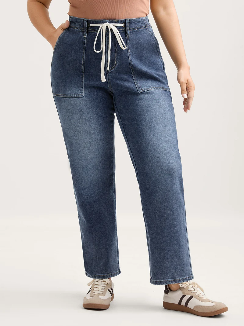 Sand Wash Drawstring Straight Leg Jeans
