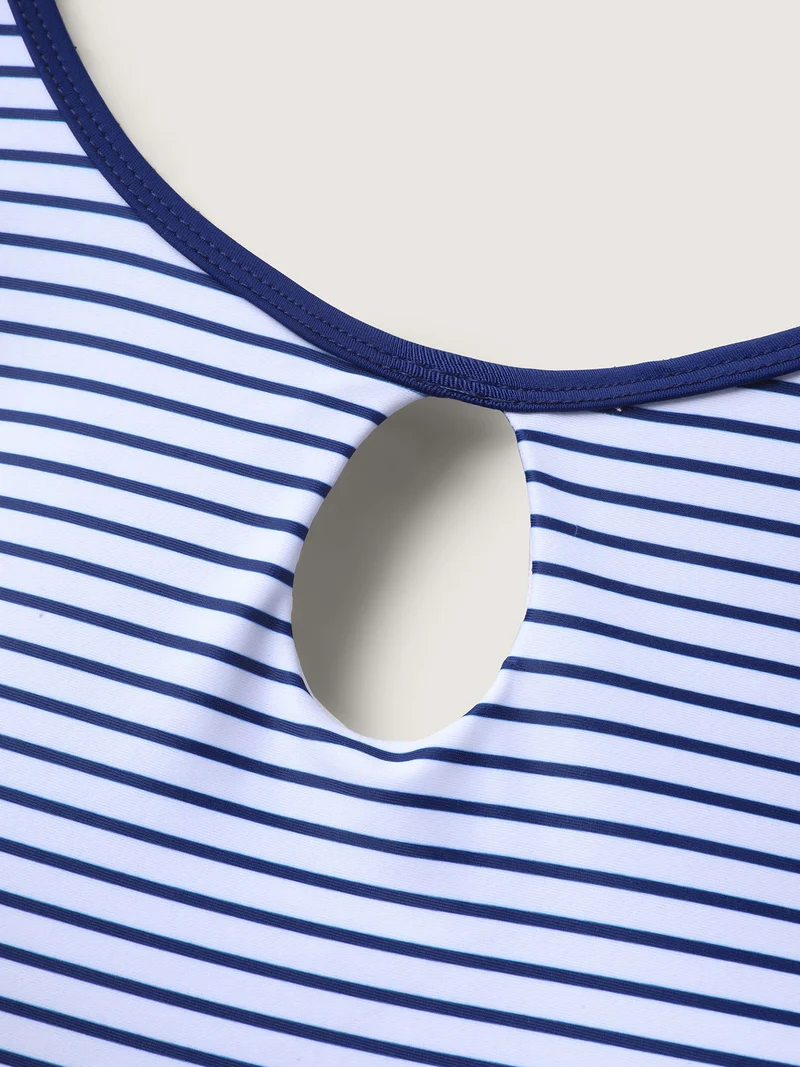Striped Neck Cut-Out Swim Top