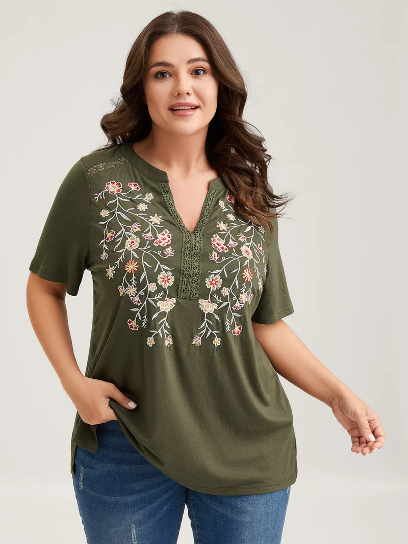 Floral Embroidery Lace Trim T-Shirt
