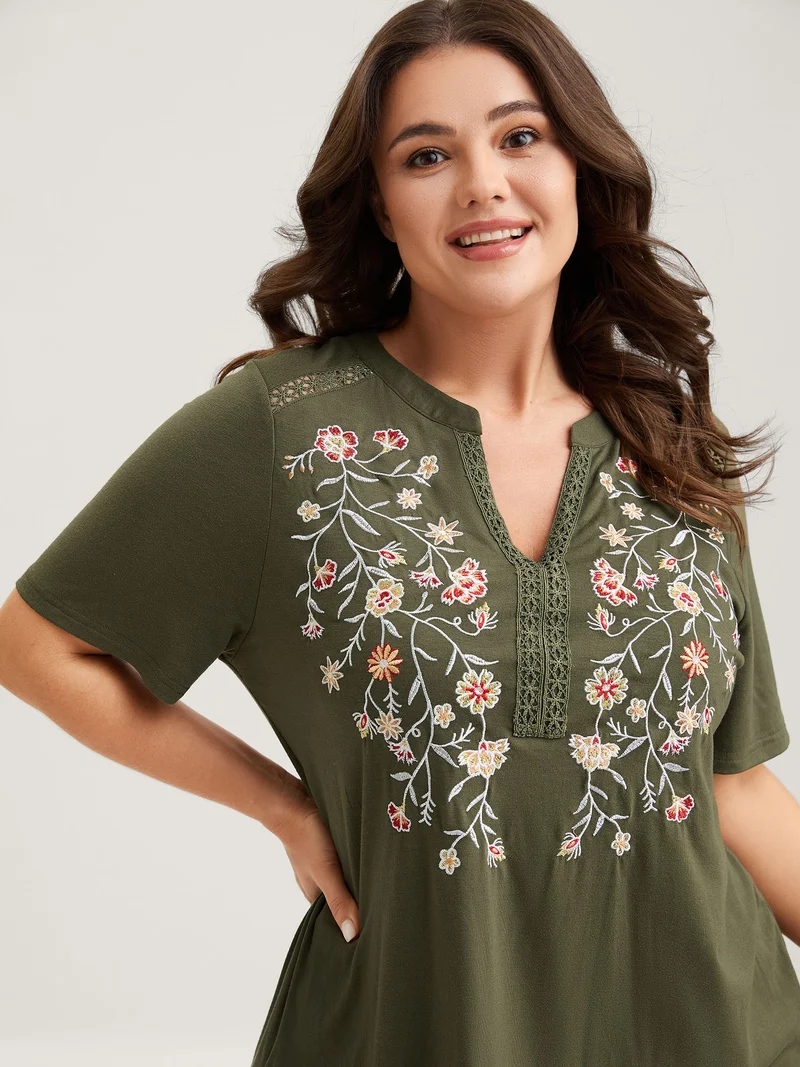 Floral Embroidery Lace Trim T-Shirt