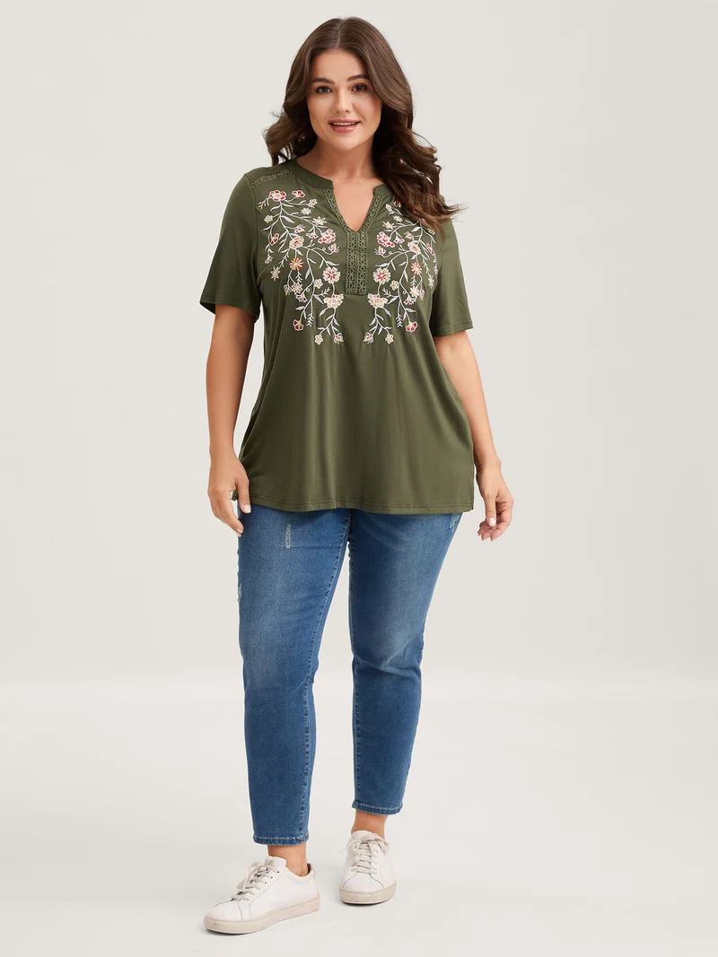 Floral Embroidery Lace Trim T-Shirt