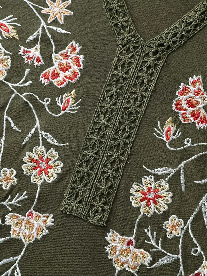 Floral Embroidery Lace Trim T-Shirt