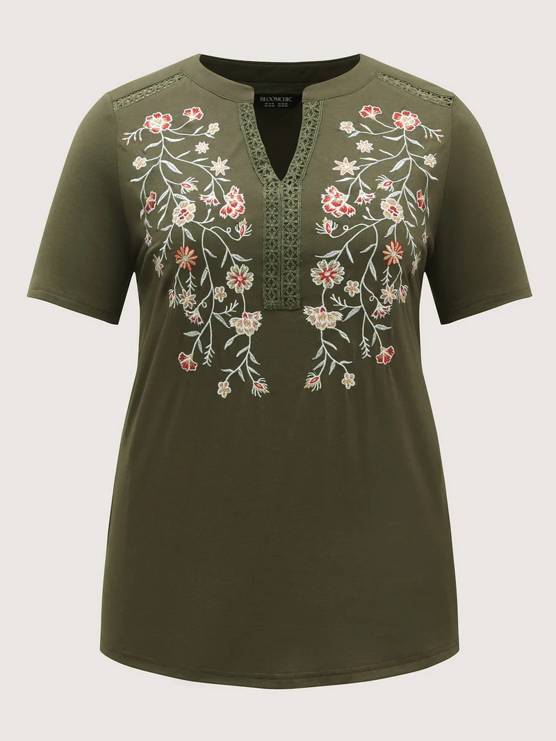 Floral Embroidery Lace Trim T-Shirt