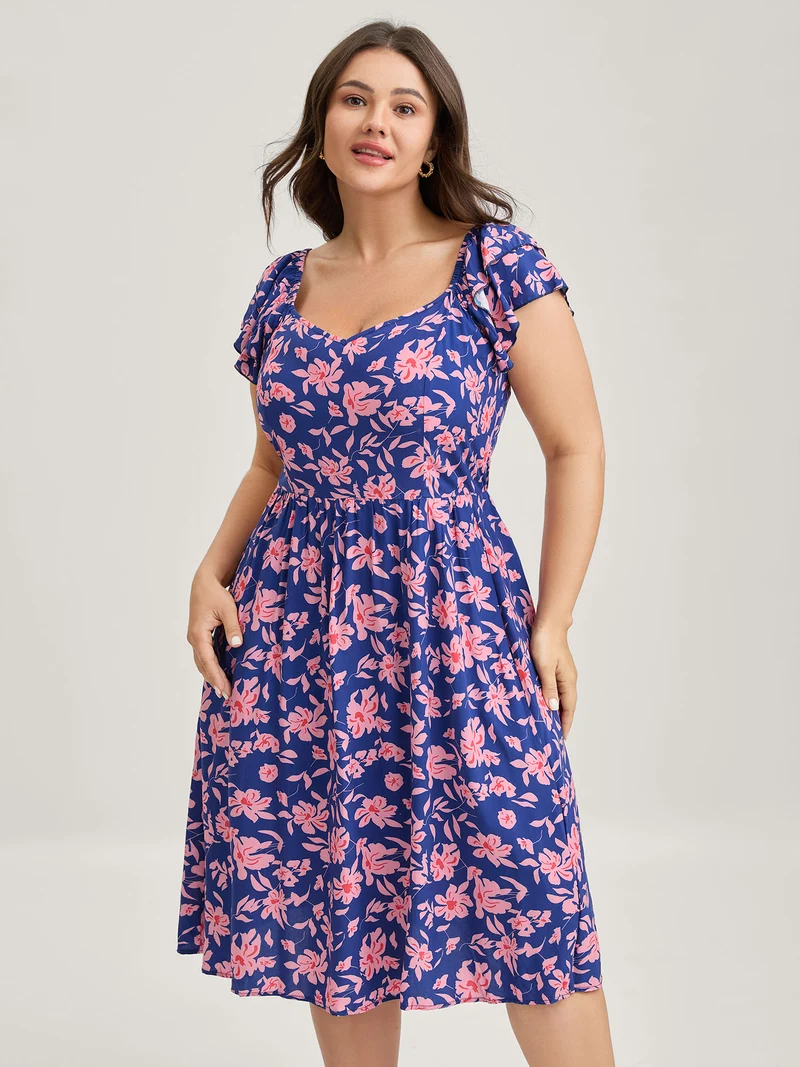 Rayon Silhouette Flower Ruffled Sleeve Midi Dress