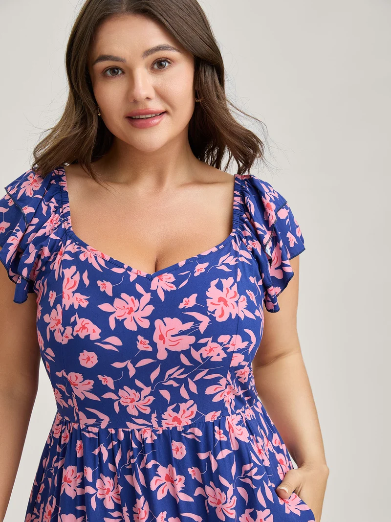 Rayon Silhouette Flower Ruffled Sleeve Midi Dress