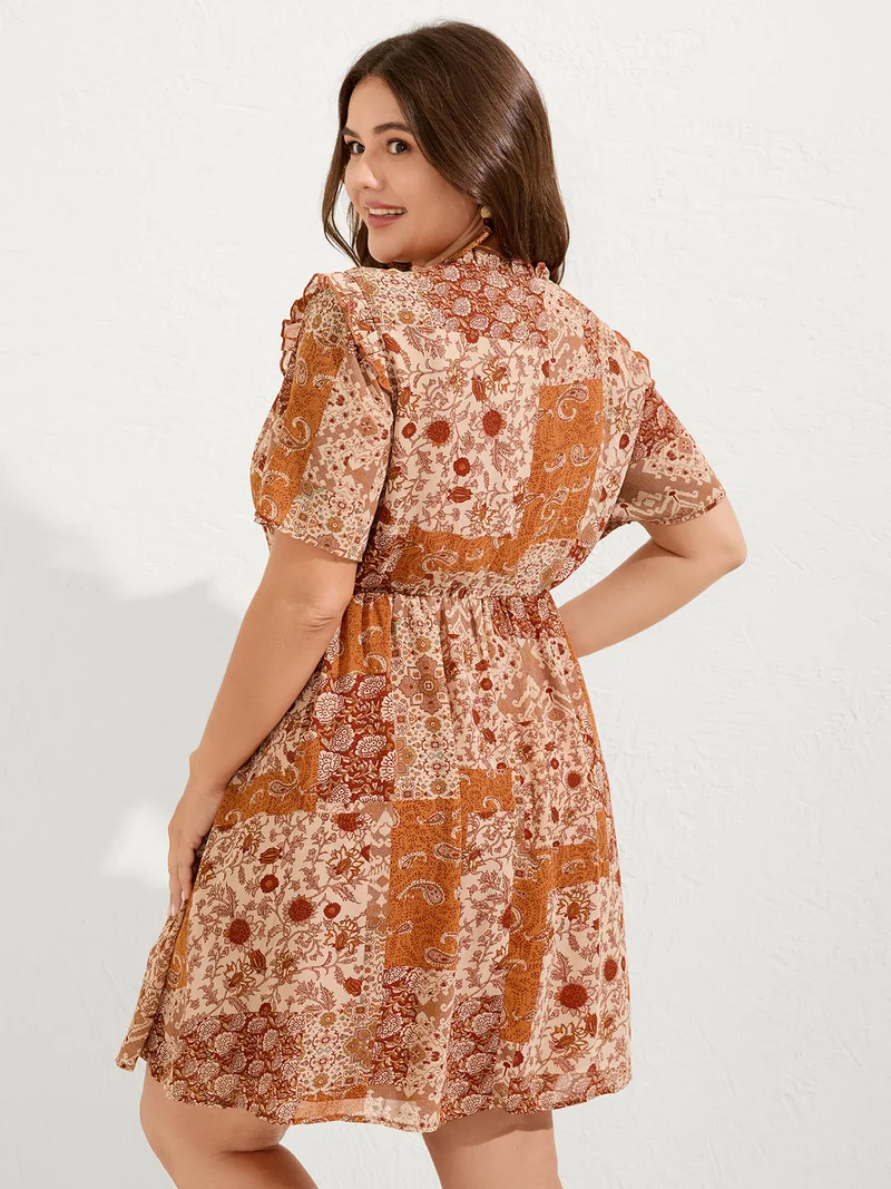 Paisely Collage Ruffled Lined Knee-Length Dress