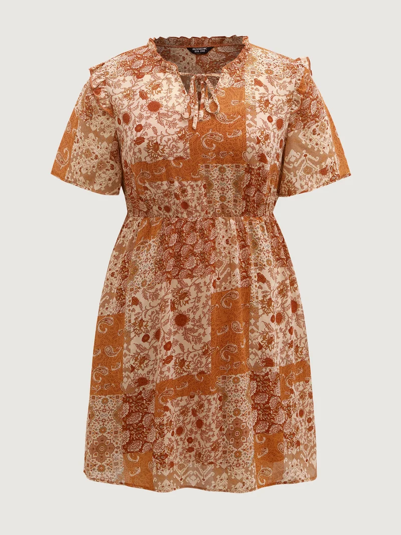 Paisely Collage Ruffled Lined Knee-Length Dress