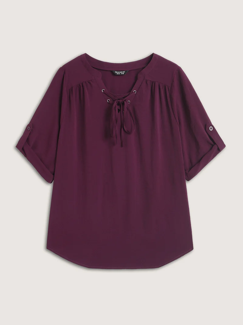 Adjustable Sleeve Neck Tie-Up Solid Blouse