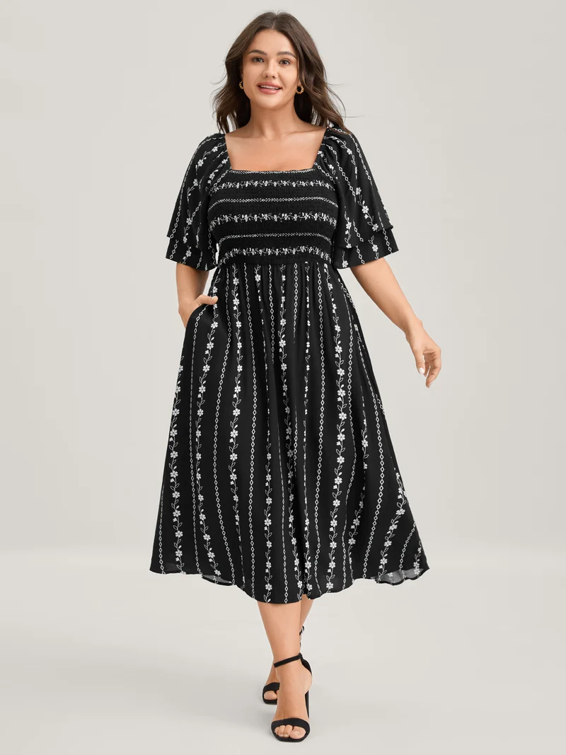 Floral Stripes Layered Ruffle Sleeve Midi Dress