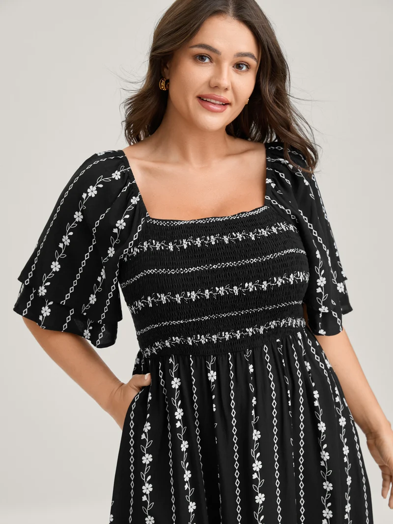 Floral Stripes Layered Ruffle Sleeve Midi Dress