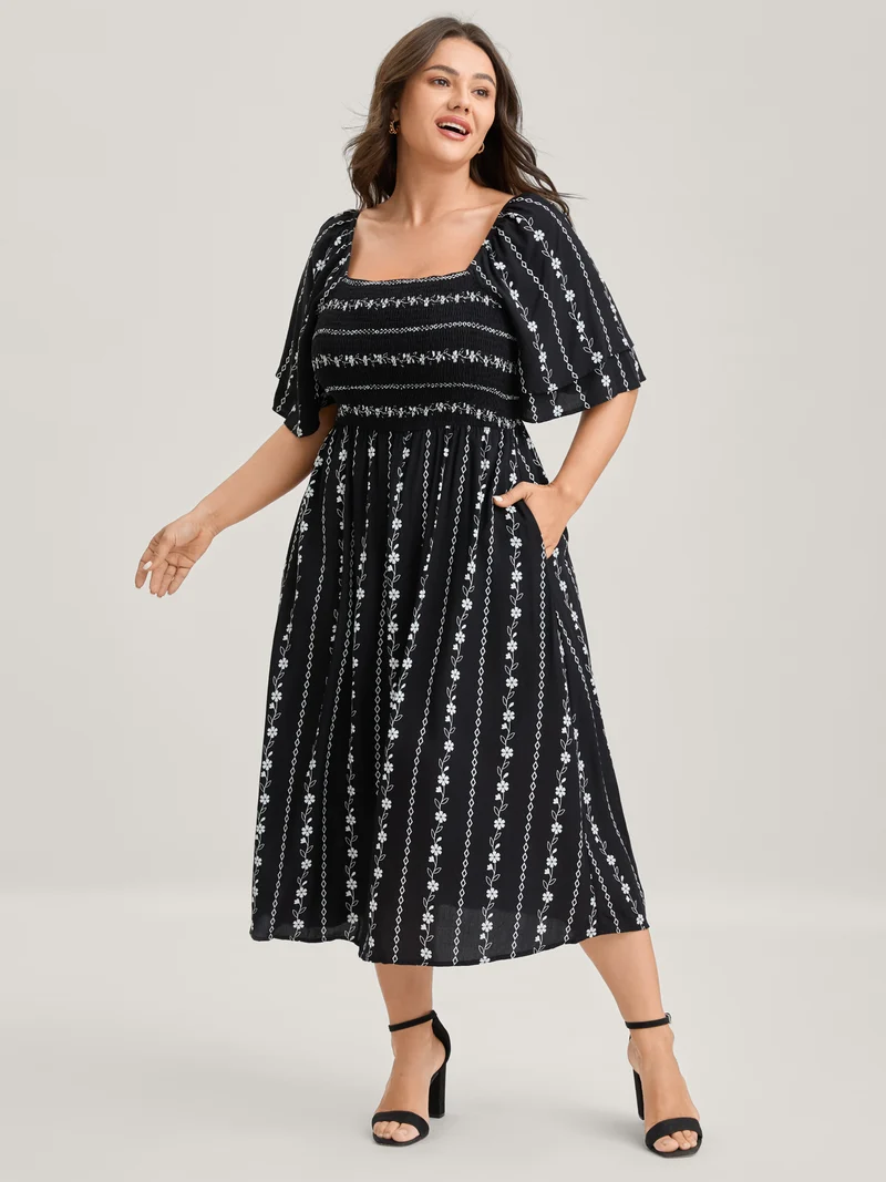 Floral Stripes Layered Ruffle Sleeve Midi Dress