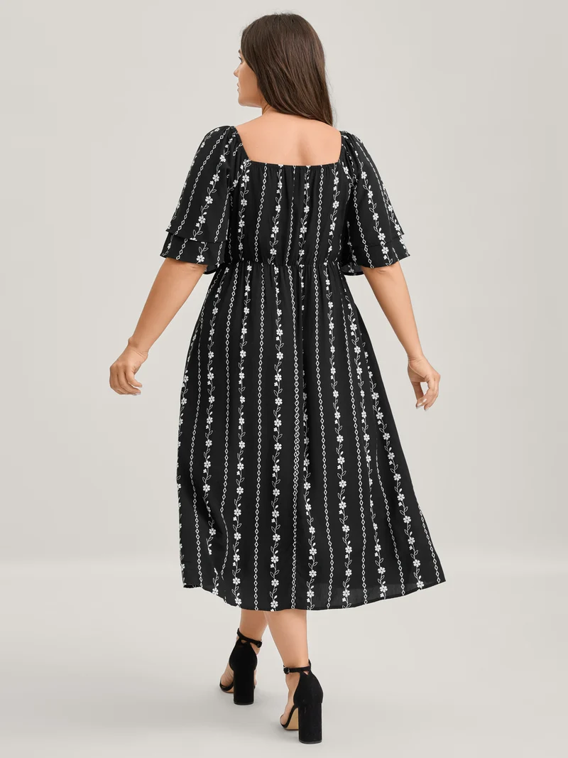 Floral Stripes Layered Ruffle Sleeve Midi Dress