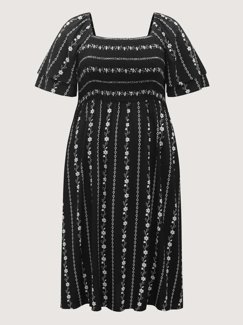 Floral Stripes Layered Ruffle Sleeve Midi Dress