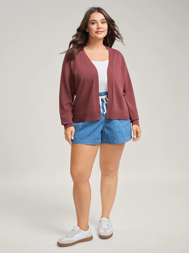 Textured Hollow Front-Open Knit Cardigan
