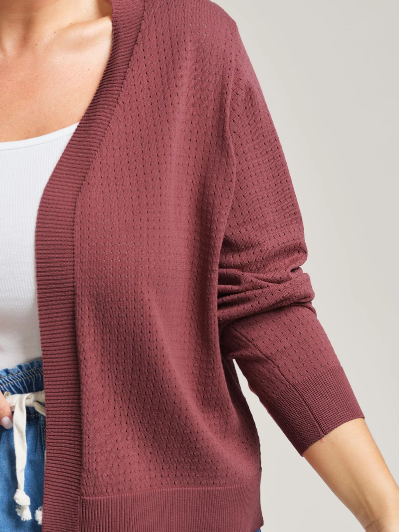 Textured Hollow Front-Open Knit Cardigan