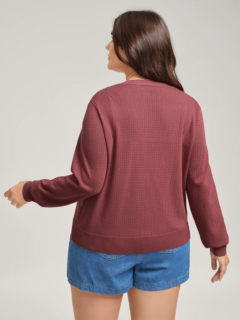 Textured Hollow Front-Open Knit Cardigan