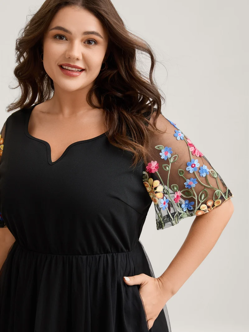 Colorful Floral Sheer Sleeve Cinched Midi Dress
