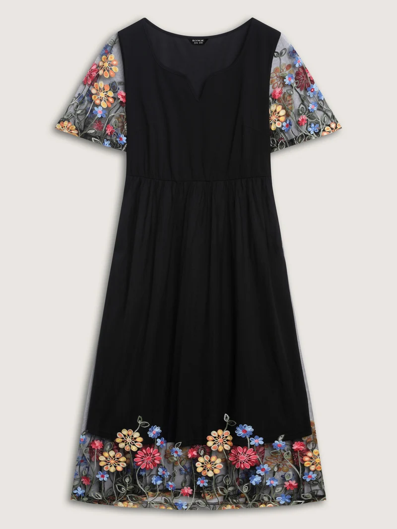 Colorful Floral Sheer Sleeve Cinched Midi Dress