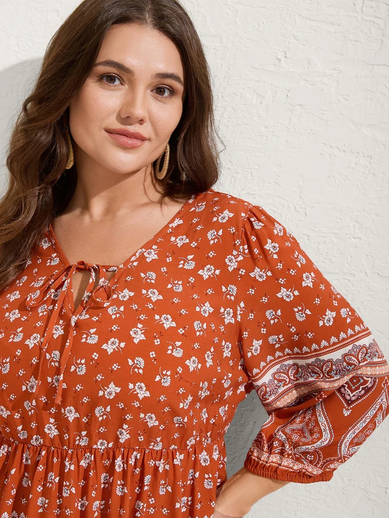 Floral Print Neck Tie Flared Blouse