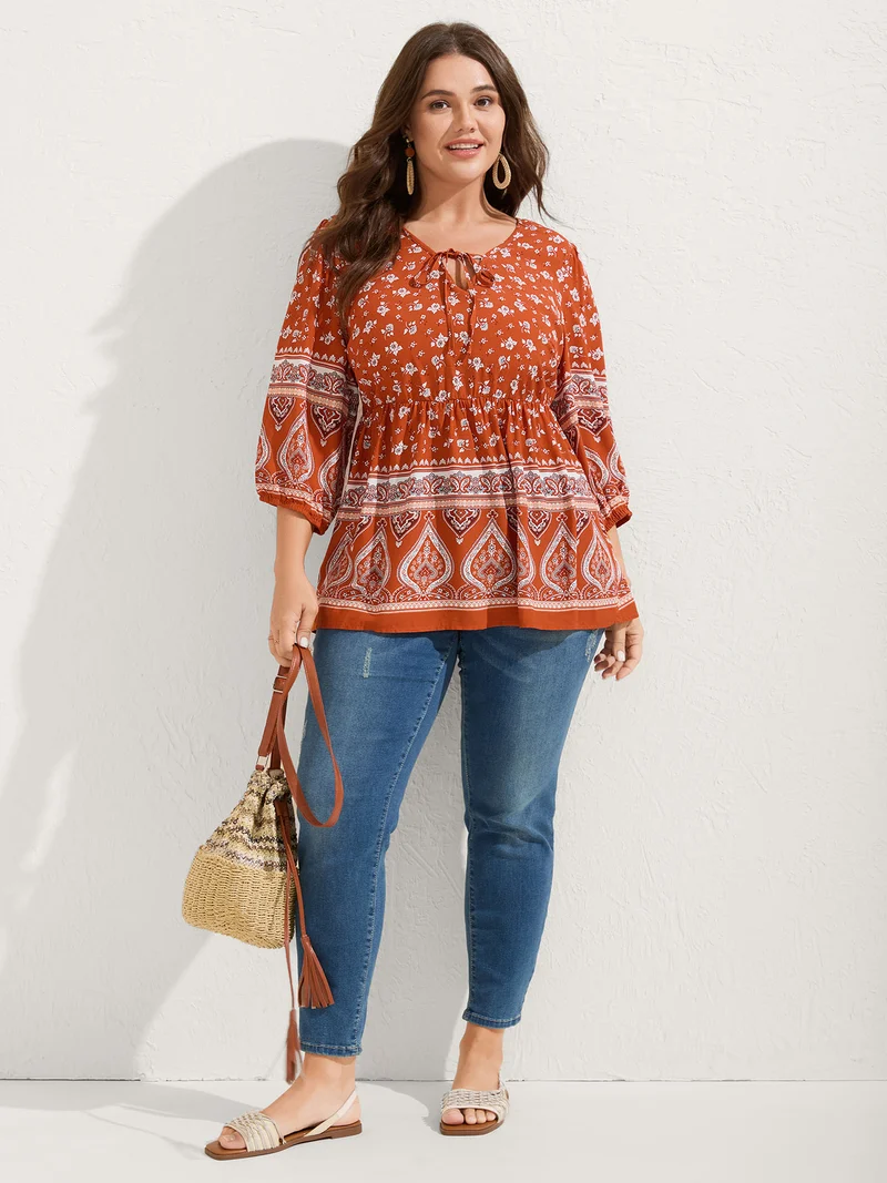 Floral Print Neck Tie Flared Blouse