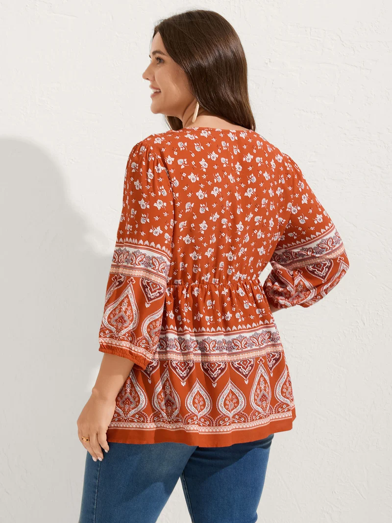 Floral Print Neck Tie Flared Blouse