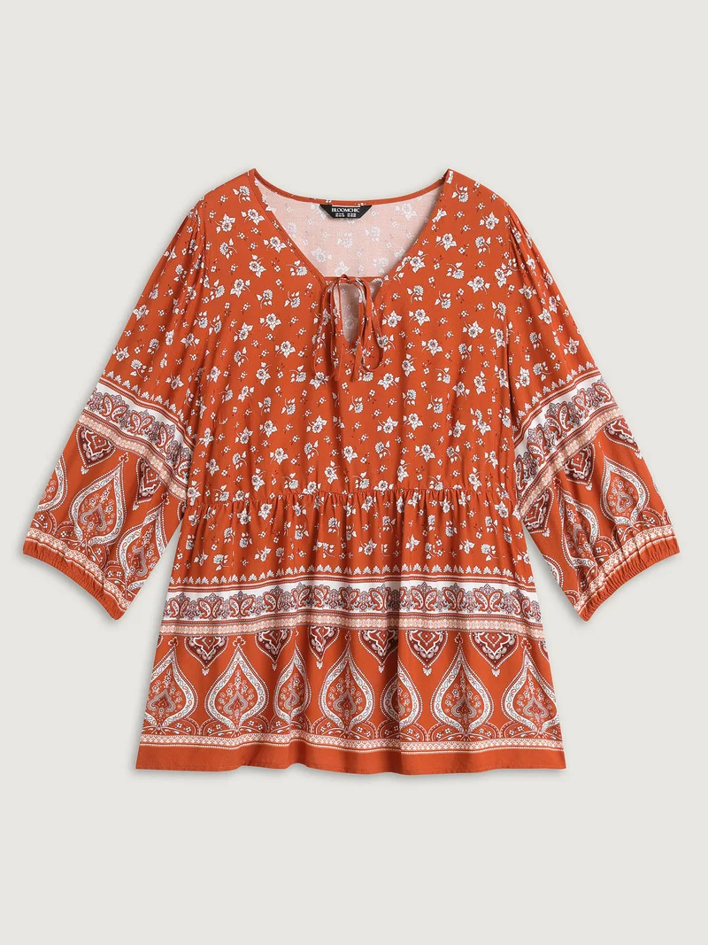 Floral Print Neck Tie Flared Blouse