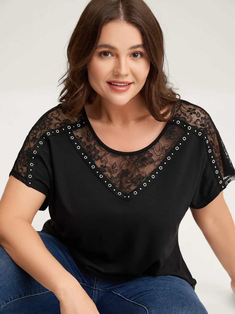 Lace Trim Sheer Solid T-Shirt