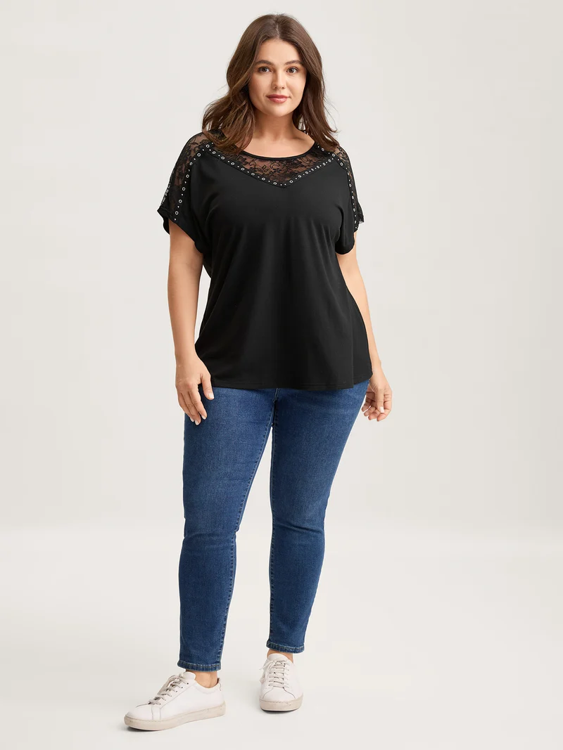 Lace Trim Sheer Solid T-Shirt