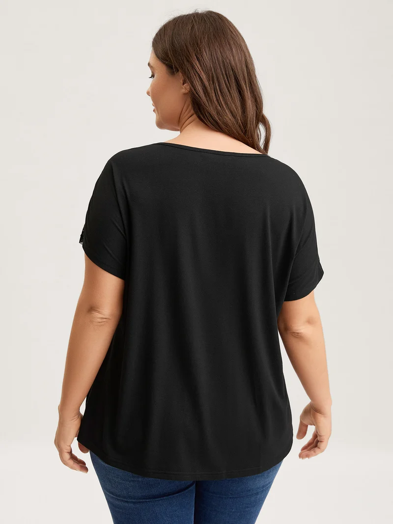 Lace Trim Sheer Solid T-Shirt
