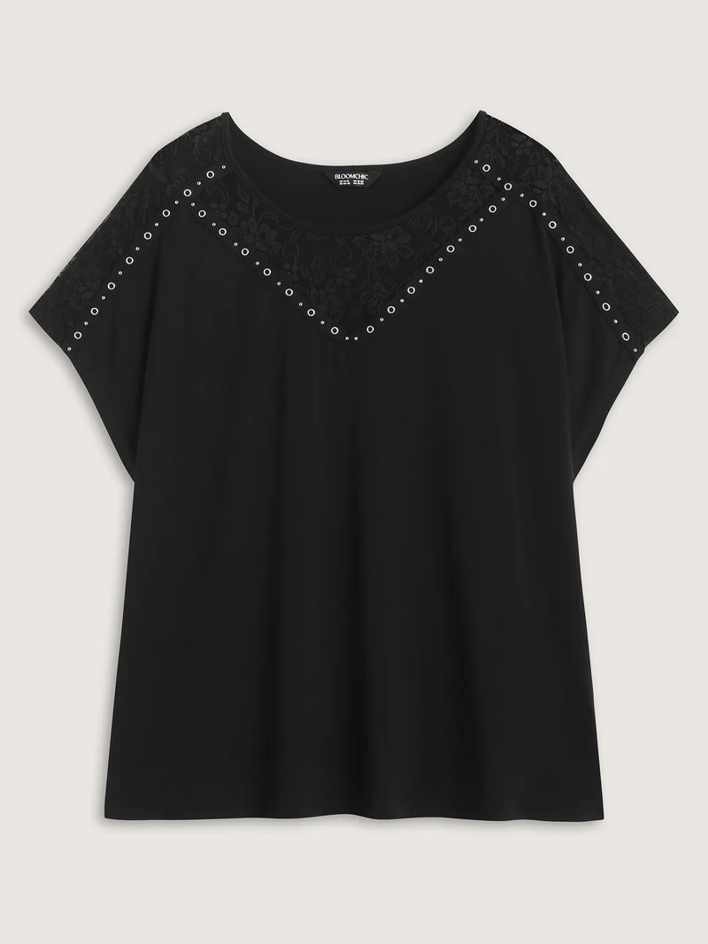 Lace Trim Sheer Solid T-Shirt